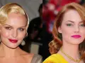 Dos mujeres con peinados años 20 pelo largo, ondas marcadas y labios intensos. Una rubia con pendientes brillantes, la otra pelirroja con collar dorado.