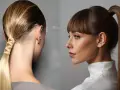Dos peinados: una cola alta con trenza elegante y otra cola alta pulida.