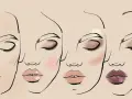 Ilustración de cuatro rostros con diferentes maquillajes de cara, mostrando sombras de ojos, rubor y labiales variados.