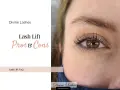 Ojo con pestañas levantadas, texto "Lash Lift Pros & Cons". Considera las desventajas del lifting de pestañas antes de decidir.