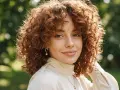 Mujer sonríe con cabello rizado y pelirrojo, luciendo cortes para pelo ondulado que realzan su volumen y textura.
