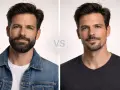 Hombre con bigote y perilla, comparando dos estilos de barba.