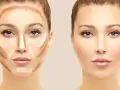 Demostración de contorno facial: antes y después. El lado izquierdo muestra la aplicación de maquillaje para definir los pómulos y la nariz. El lado derecho muestra el resultado final.