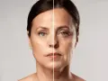 Comparación de un rostro joven y tonificado con uno envejecido, mostrando el efecto del tiempo y la posibilidad de tonificar cara.