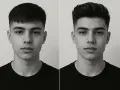 Dos retratos de un joven con cortes de pelo diferentes: uno con flequillo y un desvanecido bajo, el otro con el pelo peinado hacia arriba y un desvanecido bajo.