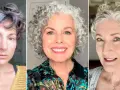 Tres mujeres con cortes de pelo rizado, mostrando estilos modernos para mujeres de 60 años.