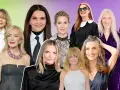 Inspiración de peinados para madrinas de 60 años: mujeres elegantes con estilos variados, desde cabello largo y suelto hasta recogidos sofisticados.