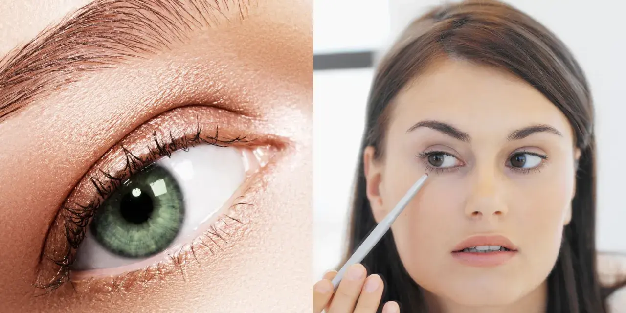 Primer plano de un ojo verde con maquillaje y una mujer aplicándose delineador para realzar los brillos de sus ojos.