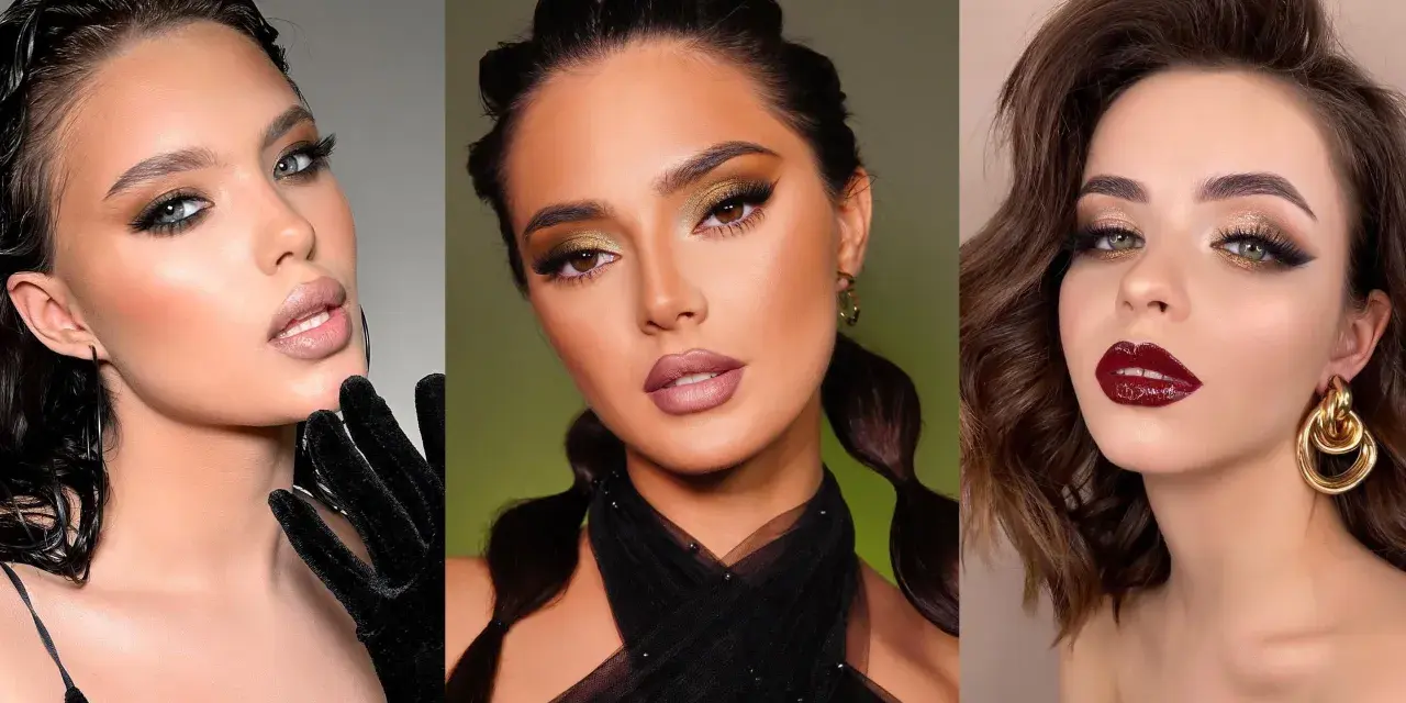 Tres looks de maquillaje para vestido negro: ojos ahumados, dorados y labios rojos intensos.