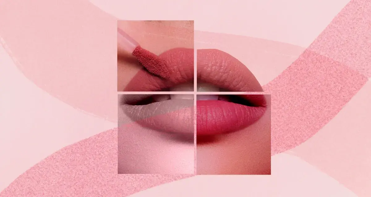 Labios en tonos rosados y rojos, con aplicador de labial. Un collage que evoca la dulzura de los cherry lips.