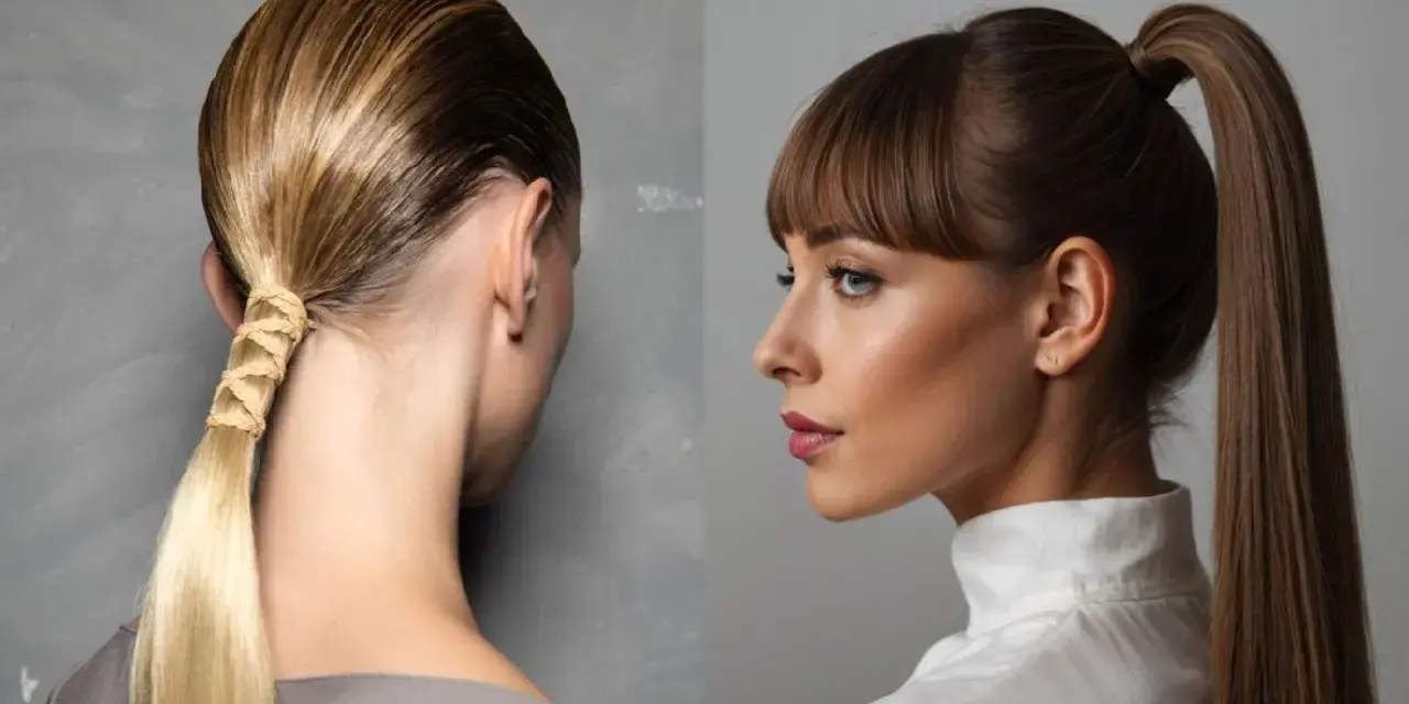 Dos peinados: una cola alta con trenza elegante y otra cola alta pulida.
