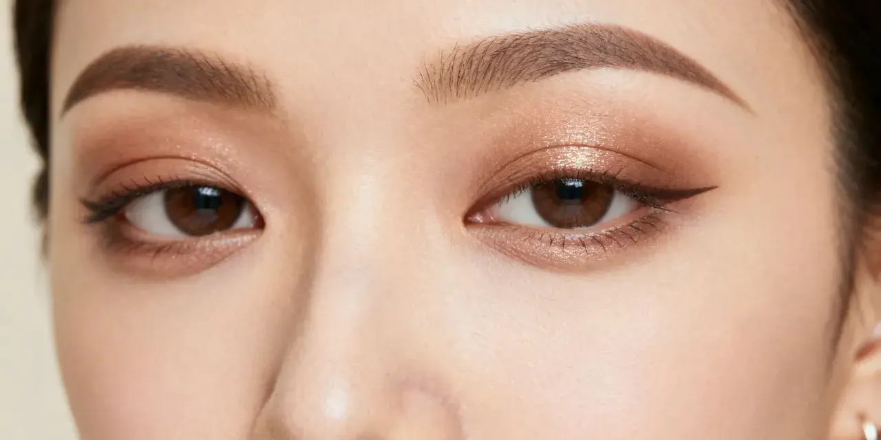 Ojos con un sutil maquillaje ahumado natural, delineado fino y cejas definidas.
