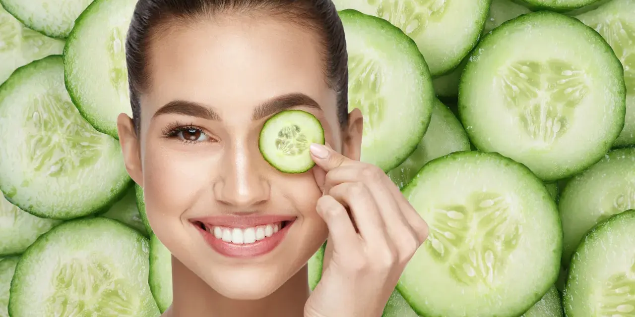 Una mujer sonríe mientras se coloca una rodaja de pepino en el ojo, rodeada de más rodajas de pepino.