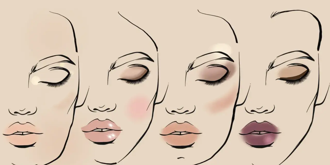 Ilustración de cuatro rostros con diferentes maquillajes de cara, mostrando sombras de ojos, rubor y labiales variados.