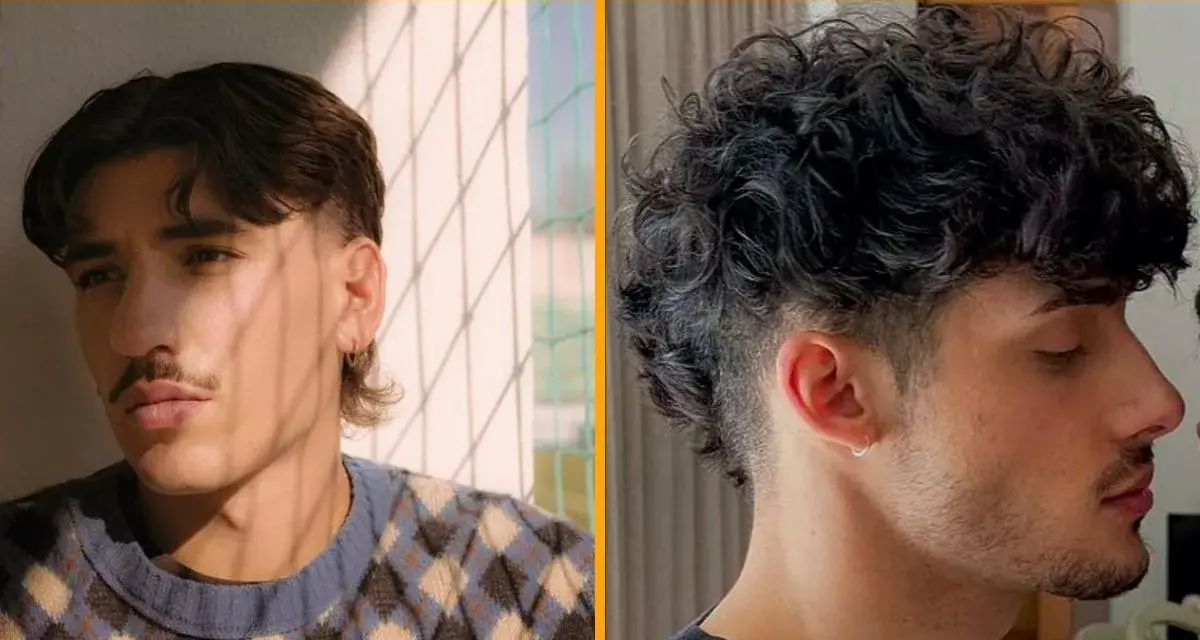 Dos hombres lucen diferentes tipos de mullet: uno con pelo liso y flequillo, otro con rizos y rapado lateral.