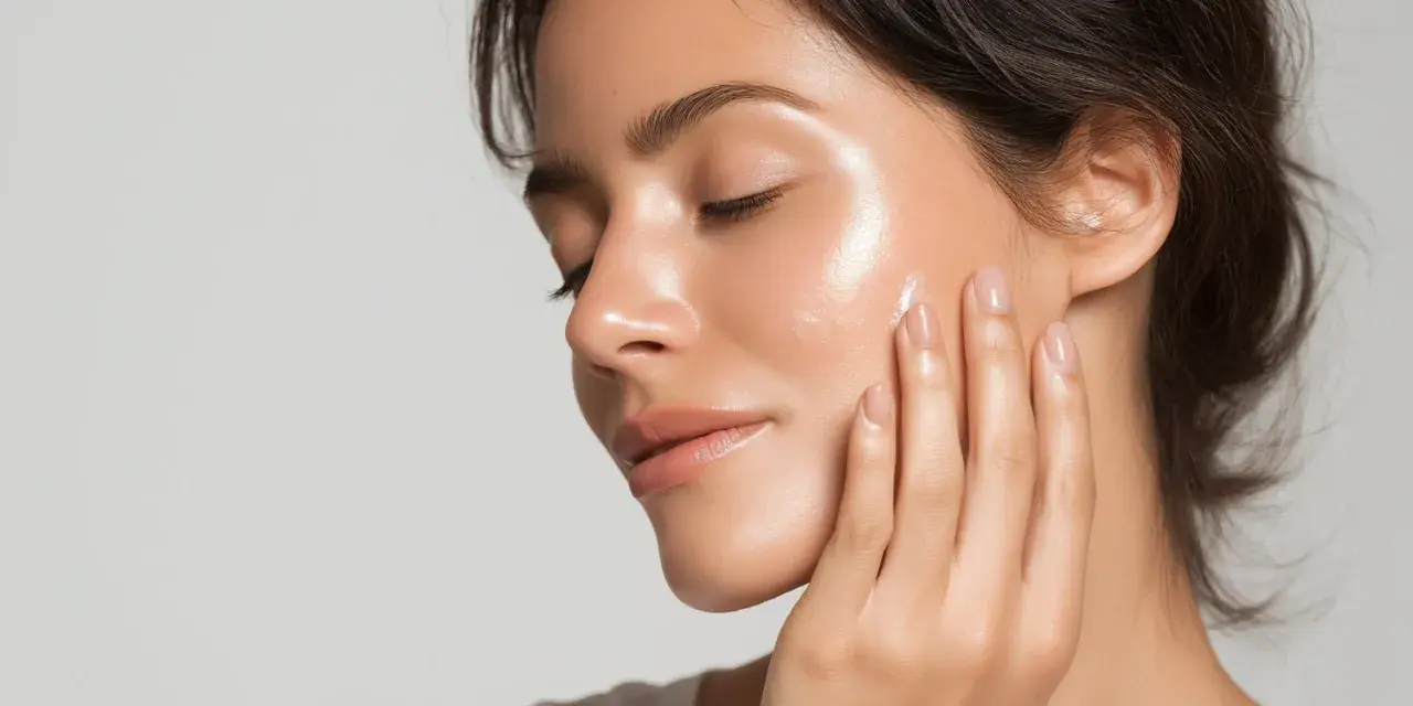 Piel radiante con un brillo saludable, que es glow. La mujer se toca la mejilla con delicadeza.