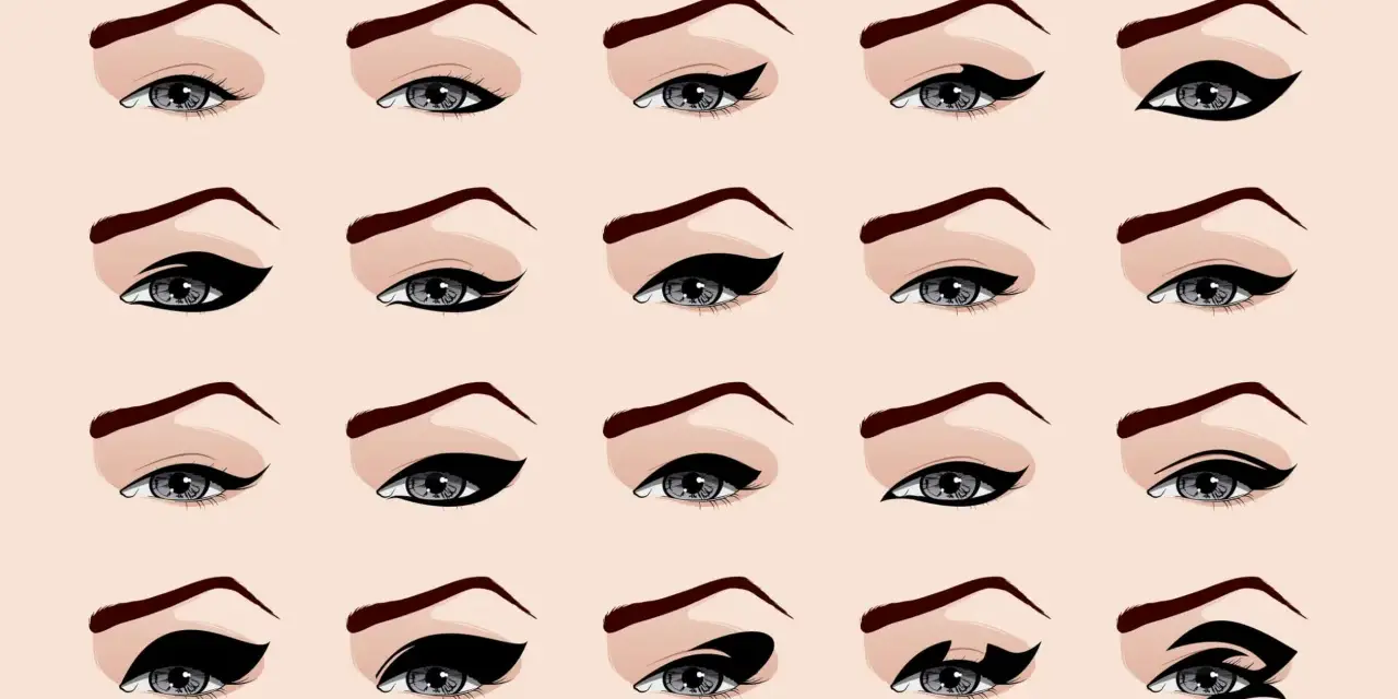 Ilustración de ojos con diferentes estilos de cat eye makeup, desde sutiles hasta dramáticos, mostrando la versatilidad del delineado.