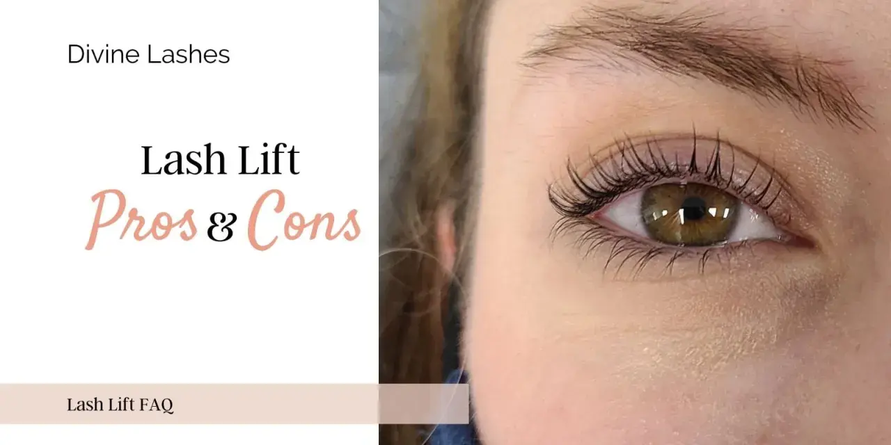 Ojo con pestañas levantadas, texto "Lash Lift Pros & Cons". Considera las desventajas del lifting de pestañas antes de decidir.