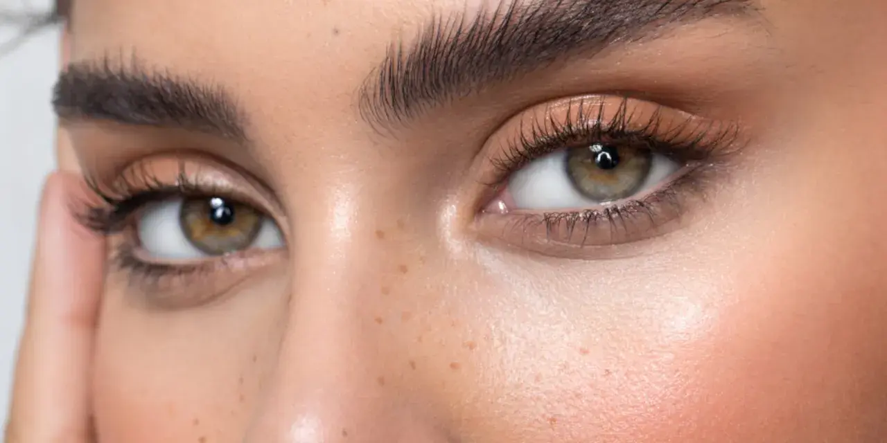 Ojos expresivos con pestañas largas y cejas perfectamente definidas tras un tratamiento de teñir cejas. Piel con pecas y rubor sutil.