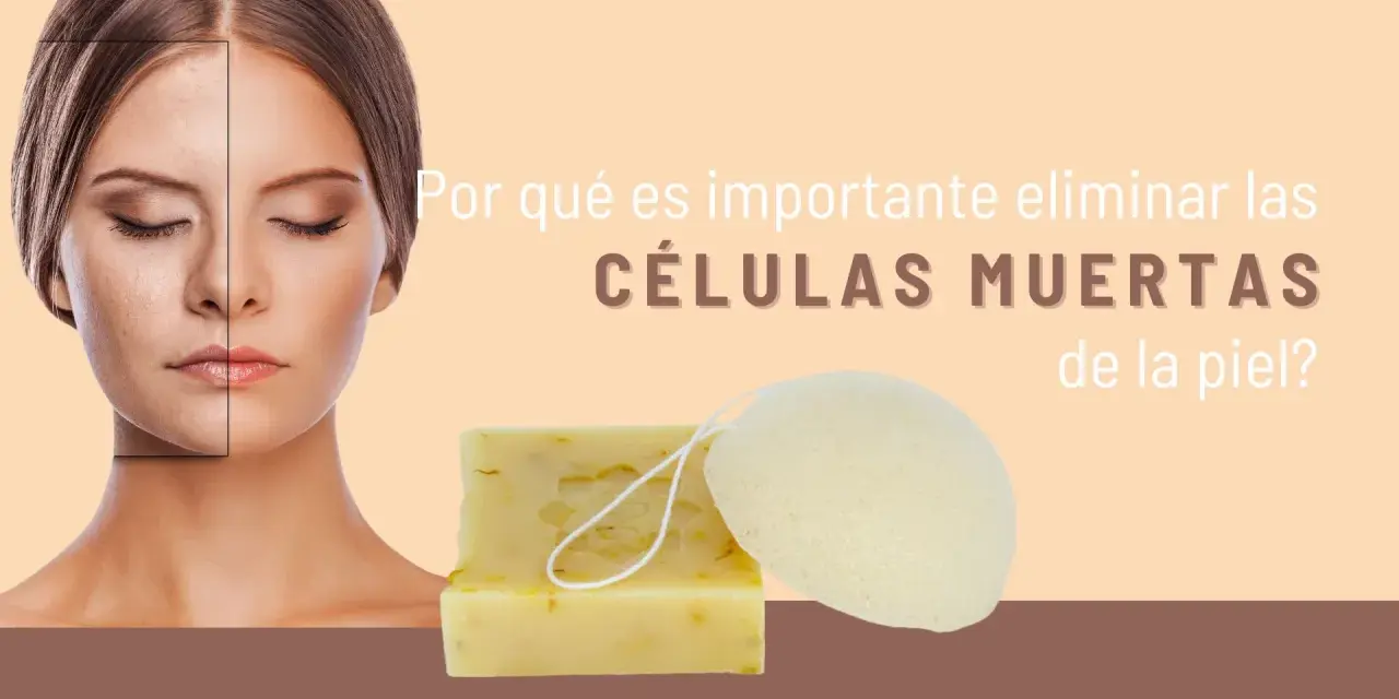 Rostro dividido mostrando el antes y después de eliminar células muertas de la piel. Jabón y esponja de exfoliación.
