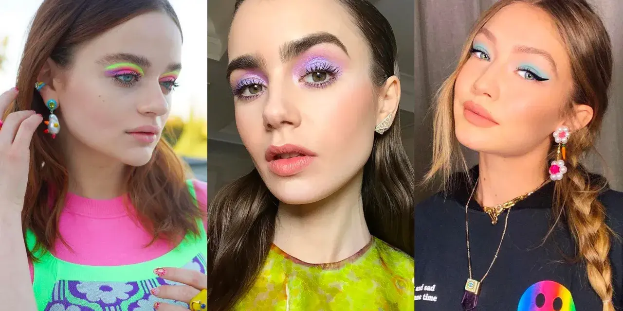 Tres looks de maquillaje de ojos colorido: neón vibrante, lavanda soñador y turquesa audaz.
