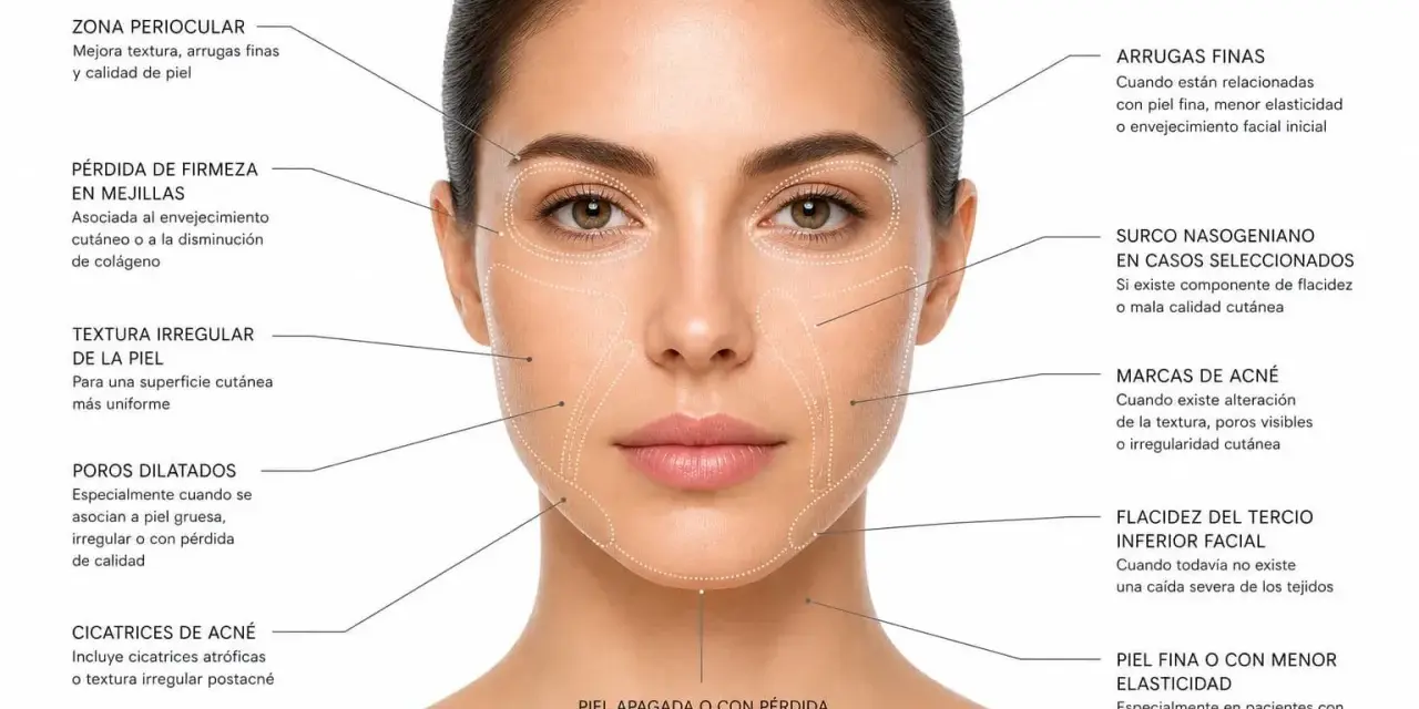 Mujer con zonas faciales marcadas, indicando problemas de piel y posibles tratamientos de radiofrecuencia.