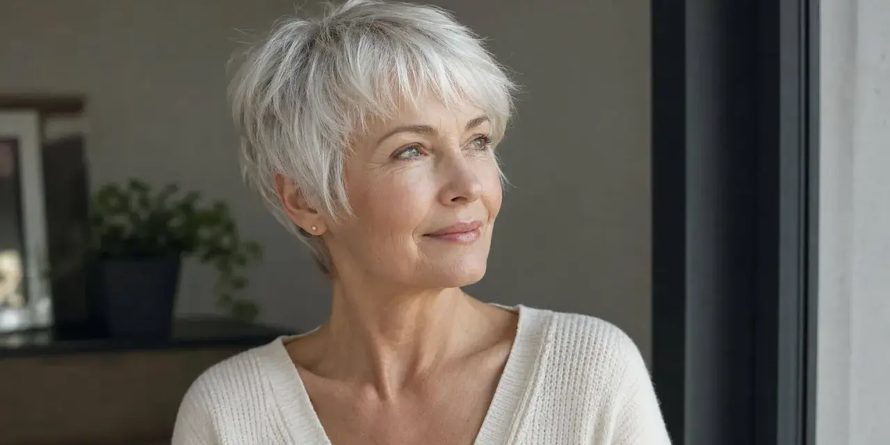 Mujer con pelo corto blanco moderno, sonríe mirando a la ventana.