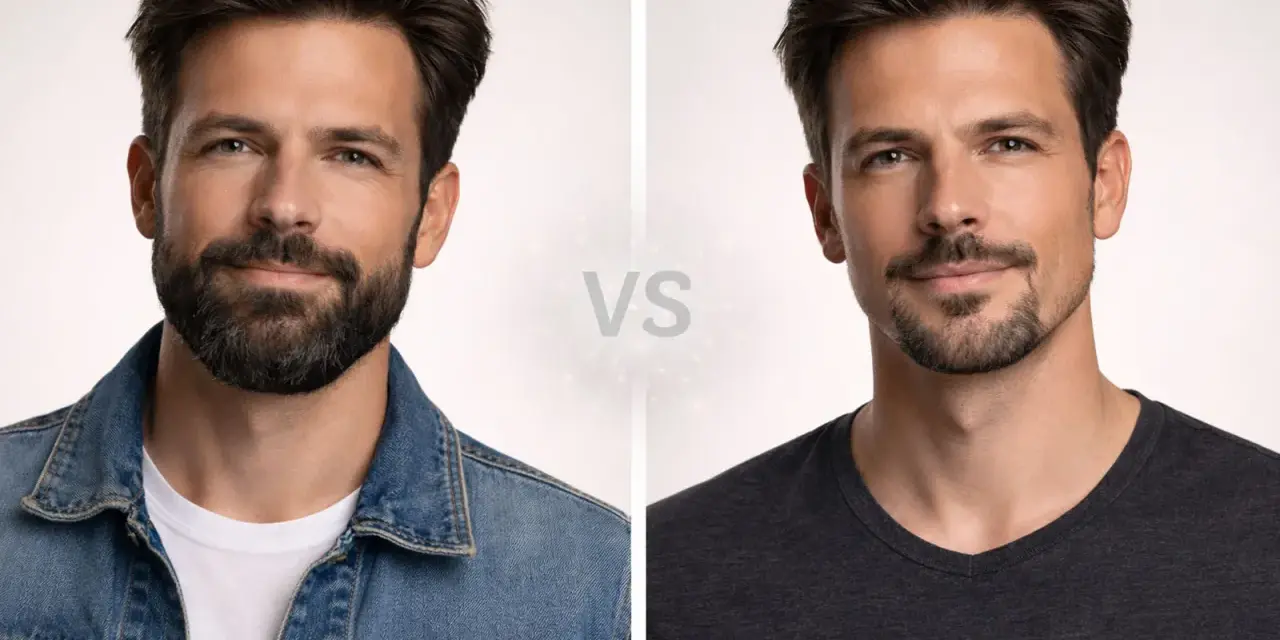 Hombre con bigote y perilla, comparando dos estilos de barba.