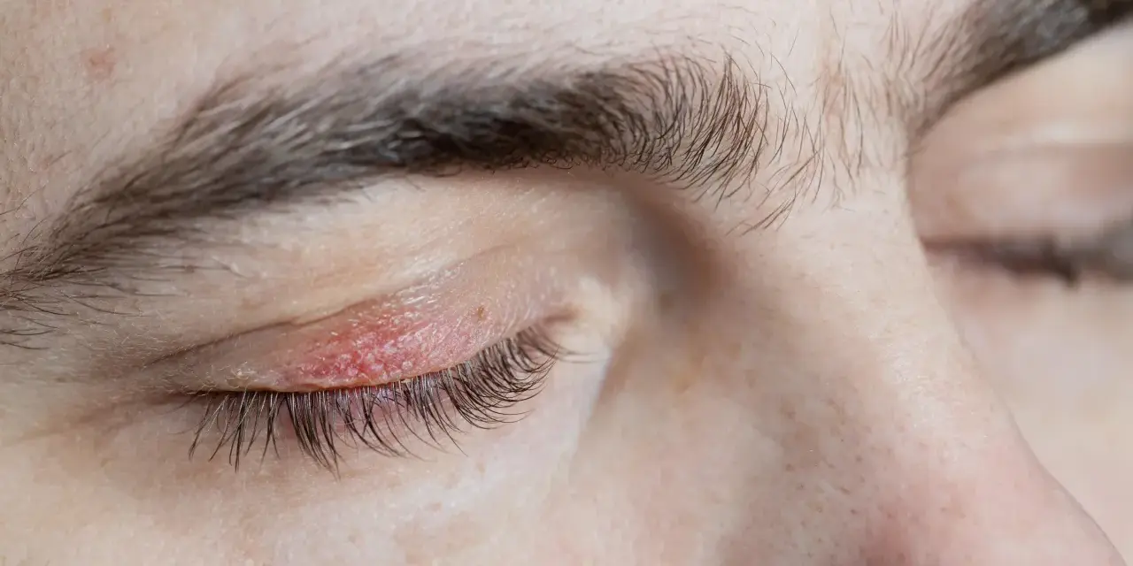 Párpado irritado con enrojecimiento y descamación, indicativo de dermatitis seborreica en las cejas y contorno del ojo.