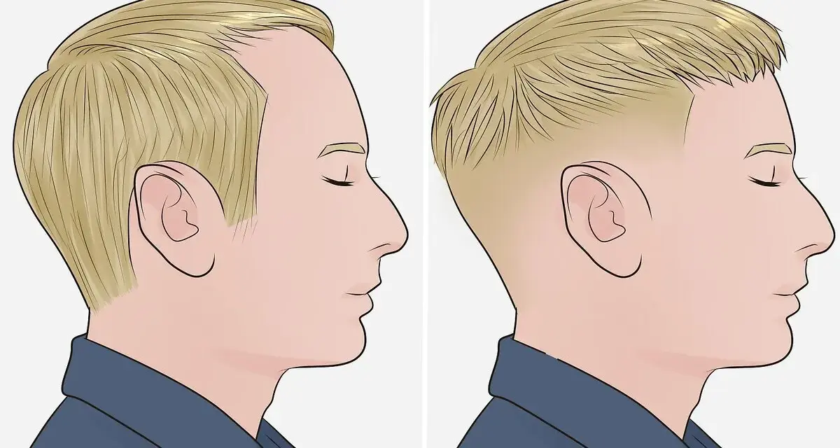 Antes y después de un corte french crop. El cabello rubio se ve más corto y con un degradado en los laterales.