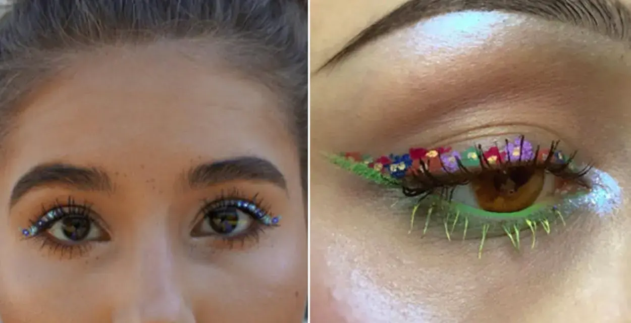 Ojo maquillaje hippie con flores y brillos. Delineado verde con pétalos de colores y pestañas inferiores neón.