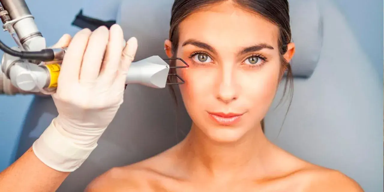 Tratamiento láser para ojera vascular. Una mano enguantada aplica un dispositivo en la zona del ojo de una mujer.