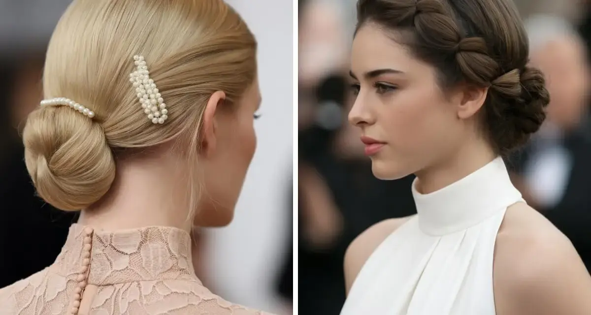 Dos mujeres con peinado elegante y vestido de cuello alto. Una luce un moño bajo con pasadores de perlas, la otra una trenza elaborada.