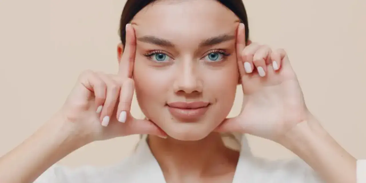 Mujer con ojos azules realizando ejercicios faciales, aplicando presión en las sienes y barbilla para tonificar.