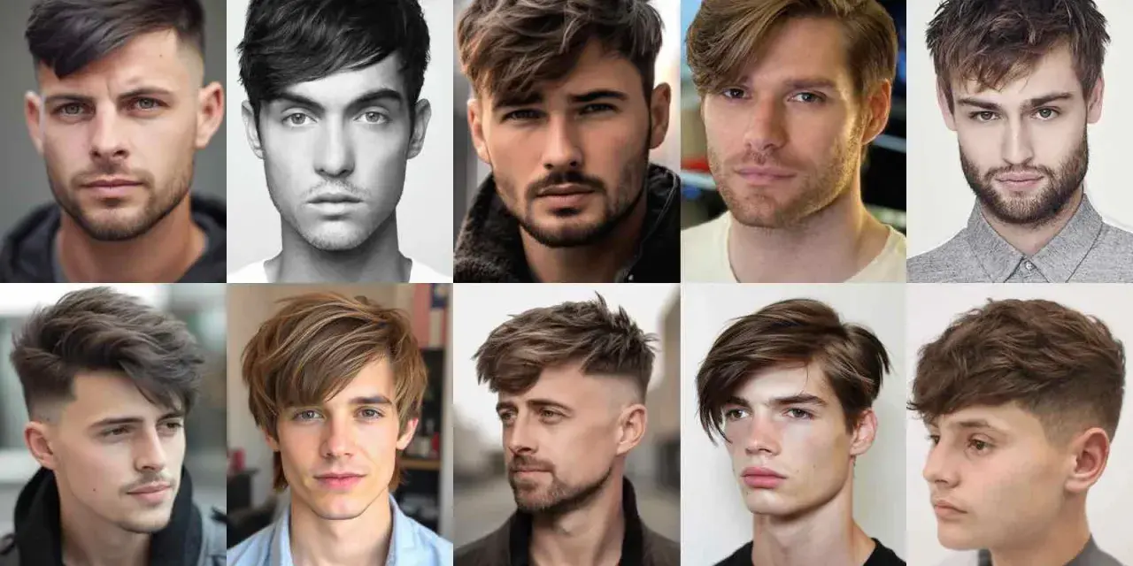Collage de hombres con diversos diseños corte de pelo hombre, desde degradados modernos hasta estilos con flequillo y texturas variadas.