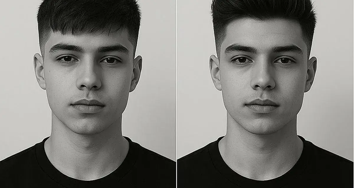 Dos retratos de un joven con cortes de pelo diferentes: uno con flequillo y un desvanecido bajo, el otro con el pelo peinado hacia arriba y un desvanecido bajo.