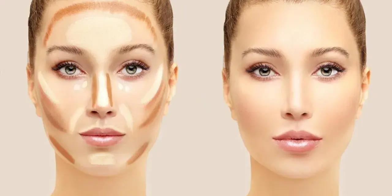 Demostración de un **contouring tutorial**: antes y después de aplicar maquillaje para definir el rostro.