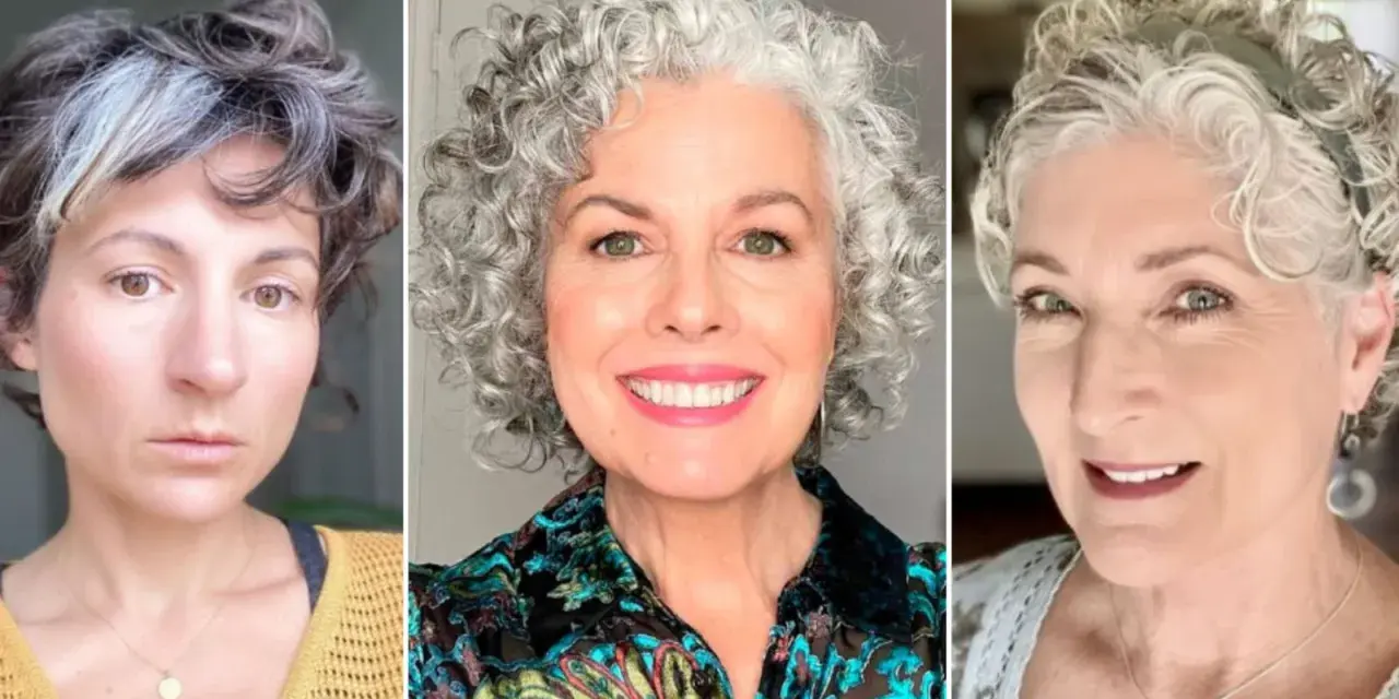 Tres mujeres con cortes de pelo rizado, mostrando estilos modernos para mujeres de 60 años.