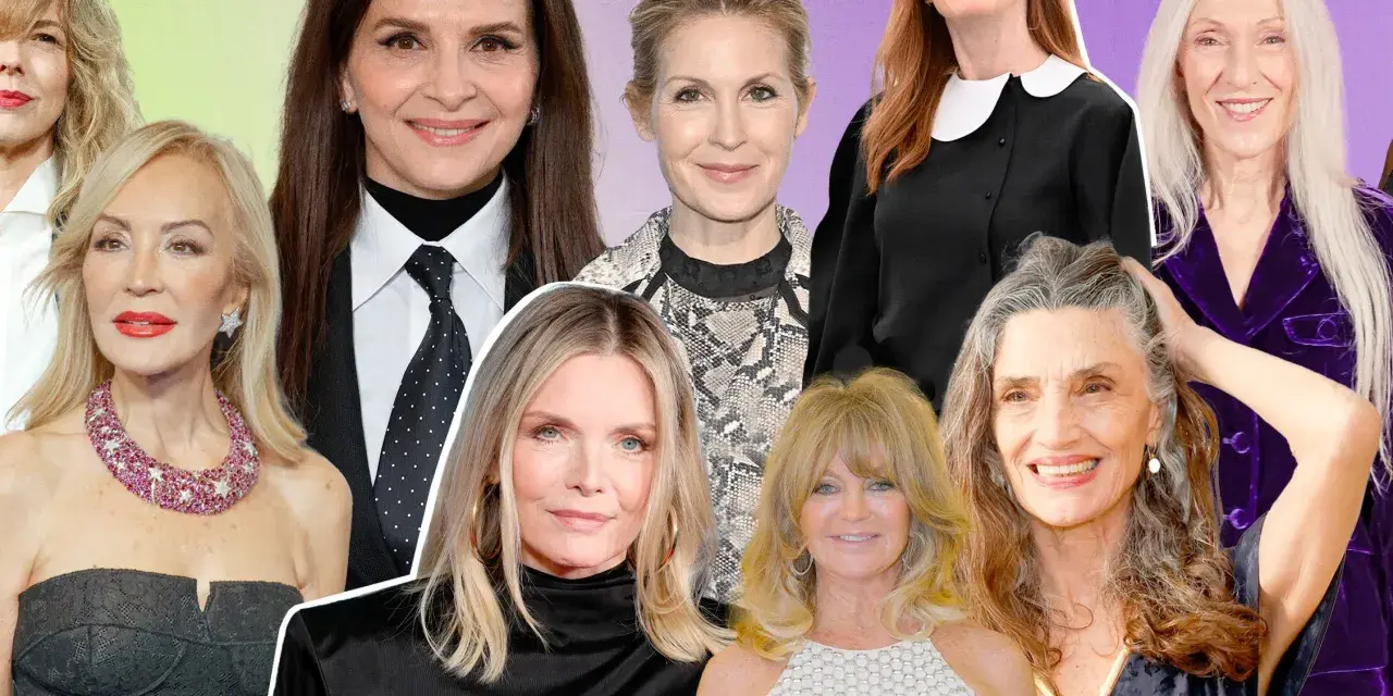 Inspiración de peinados para madrinas de 60 años: mujeres elegantes con estilos variados, desde cabello largo y suelto hasta recogidos sofisticados.