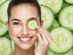 Una mujer sonríe mientras se coloca una rodaja de pepino en el ojo, rodeada de más rodajas de pepino.