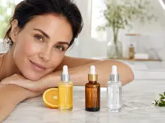 Rutina de belleza: retinol por la noche y vitamina c por la mañana. Mujer sonriente con tres frascos de suero y una rodaja de naranja.