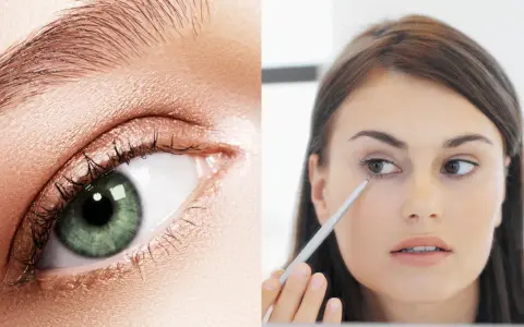 Primer plano de un ojo verde con maquillaje y una mujer aplicándose delineador para realzar los brillos de sus ojos.