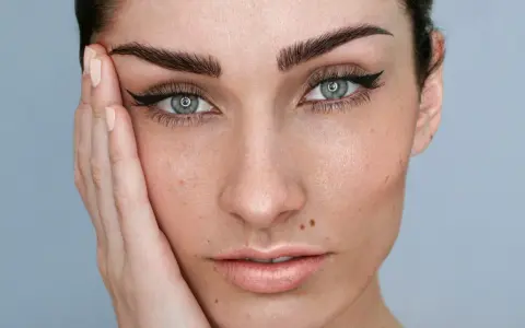 Ojos con delineado cat eye y cejas degradadas perfectamente definidas.
