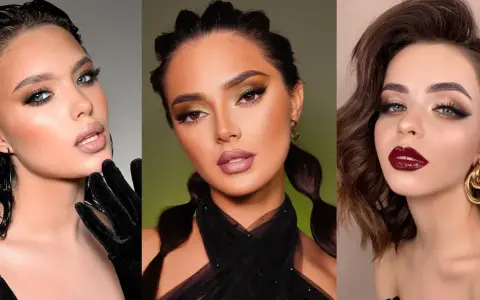 Tres looks de maquillaje para vestido negro: ojos ahumados, dorados y labios rojos intensos.