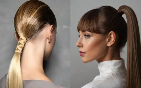 Dos peinados: una cola alta con trenza elegante y otra cola alta pulida.