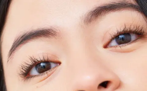 Ojos marcados con pestañas largas y cejas definidas.