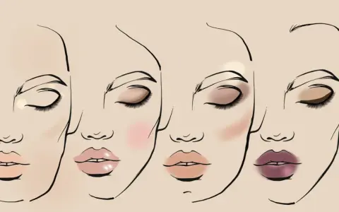 Ilustración de cuatro rostros con diferentes maquillajes de cara, mostrando sombras de ojos, rubor y labiales variados.