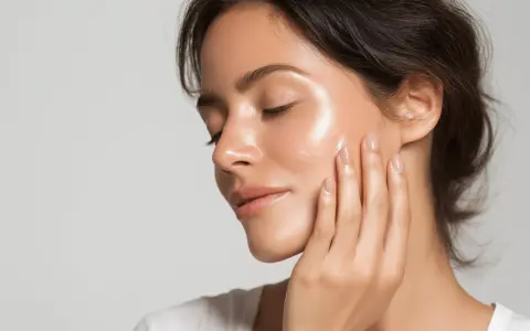 Piel radiante con un brillo saludable, que es glow. La mujer se toca la mejilla con delicadeza.