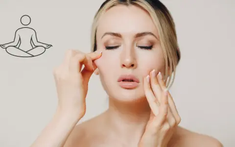 Mujer con ojos cerrados practicando gimnasia facial funciona. Un icono de meditación sugiere bienestar.