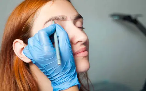 Manos enguantadas dibujan cejas a una mujer pelirroja. ¡No tengo cejas que puedo hacer!